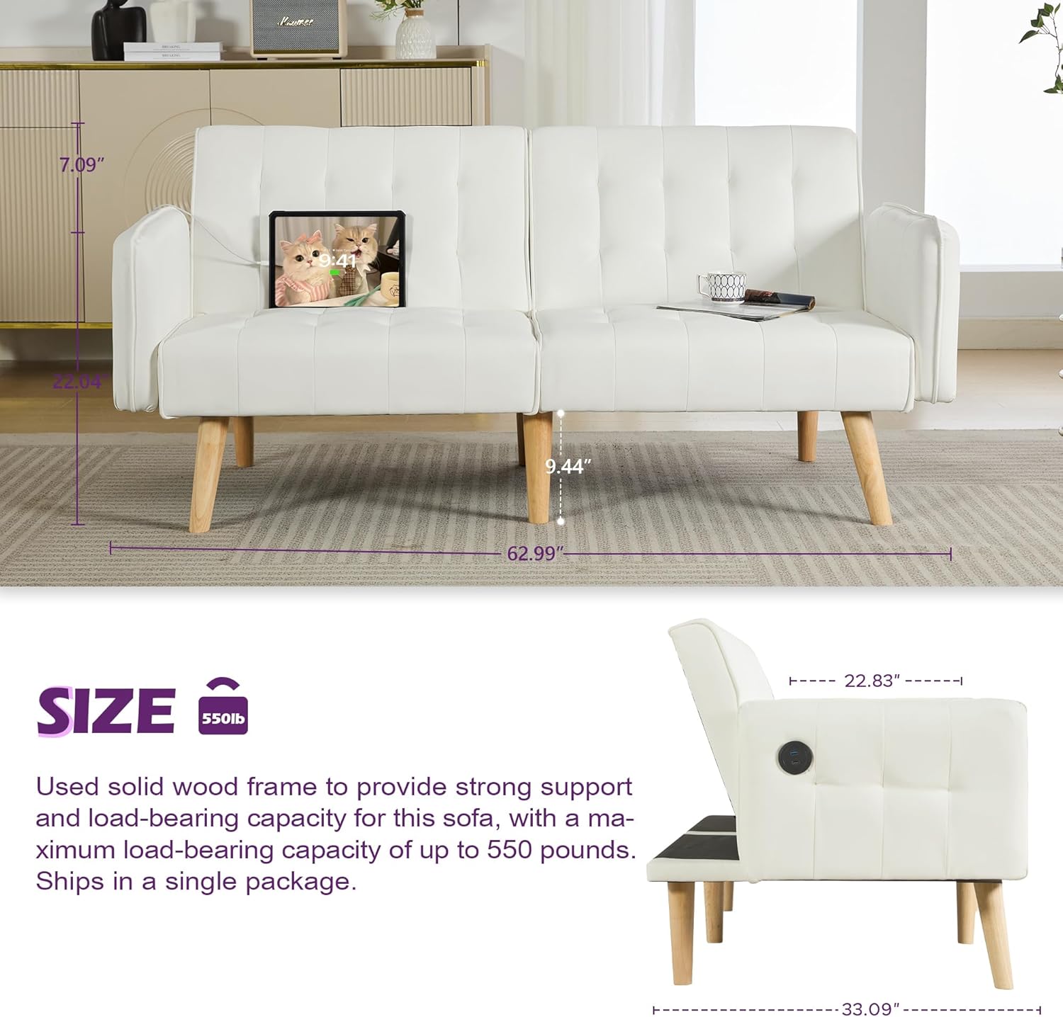 TYBOATLE Modern White Faux Leather Upholstered Convertible USB Folding Futon Sofa Bed, 65" Couch, Love Seats Furniture for Small Space Configuration, Apartment, Dorm, Living Room, Office