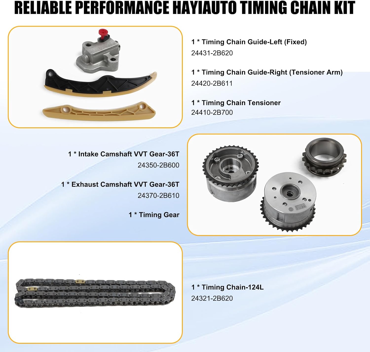 24321-2B620 Timing Chain Kit w/VVT Sprocket Fits for Hyundai Accent Elantra Kona Sonata Tucson Optima, for Kia Rio Forte5 Soul Optima G4FJ G4FD 243502B600 243702B610 1.6L Timing Chain Kit