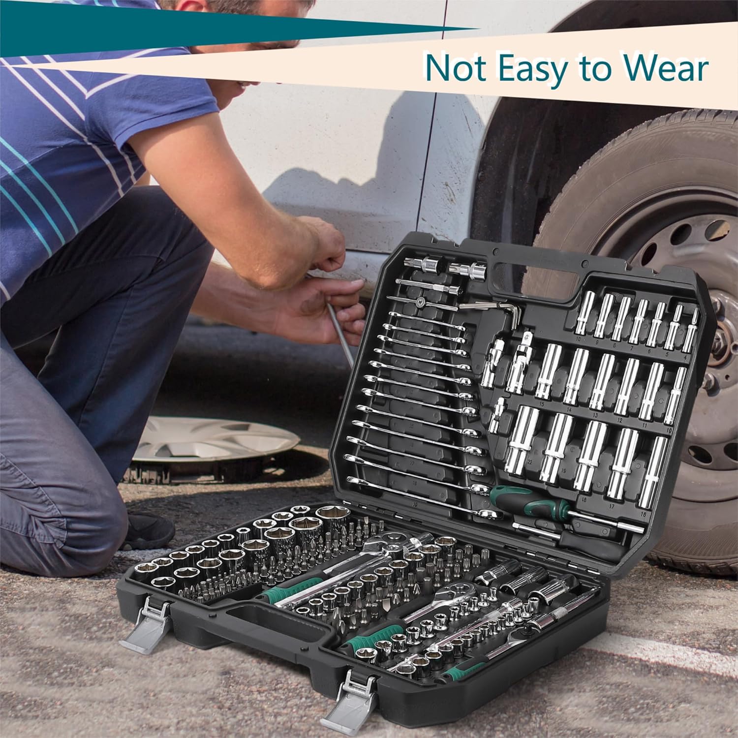 216-Piece Mechanics Tool Set, 1/4", 3/8" & 1/2" Drive Socket Set, 72-Tooth Ratchet Wrench Set for Auto Repair & Home Maintenance, with Durable Organized Carrying Case