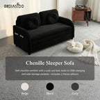 3-in-1 Sleeper Sofa Loveseat with Pull-Out Bed, Chenille Convertible Couch with Double-Layer Cushions, USB Ports & Storage Pockets for Living Room and Apartment (Black, 52.4") | Convertible Sleeper