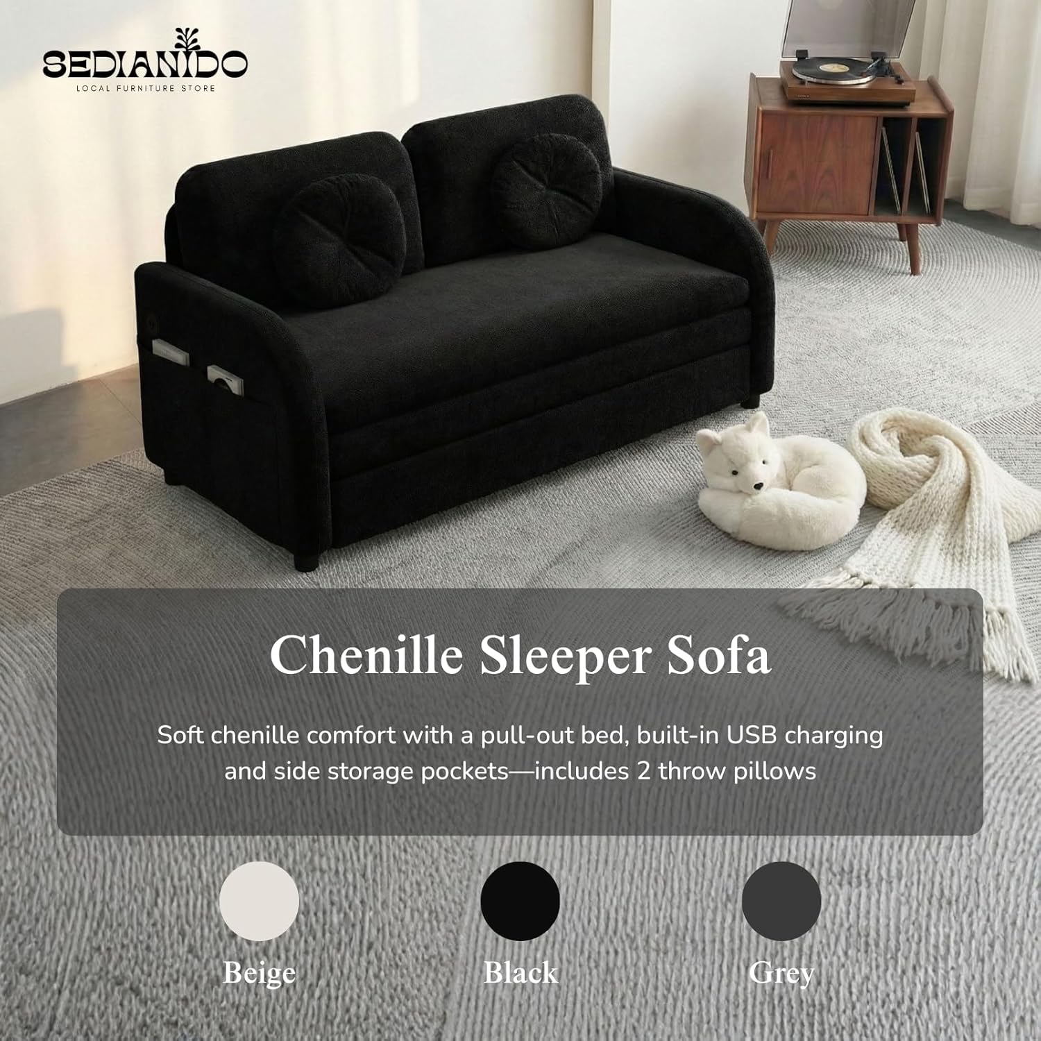 3-in-1 Sleeper Sofa Loveseat with Pull-Out Bed, Chenille Convertible Couch with Double-Layer Cushions, USB Ports & Storage Pockets for Living Room and Apartment (Black, 52.4") | Convertible Sleeper