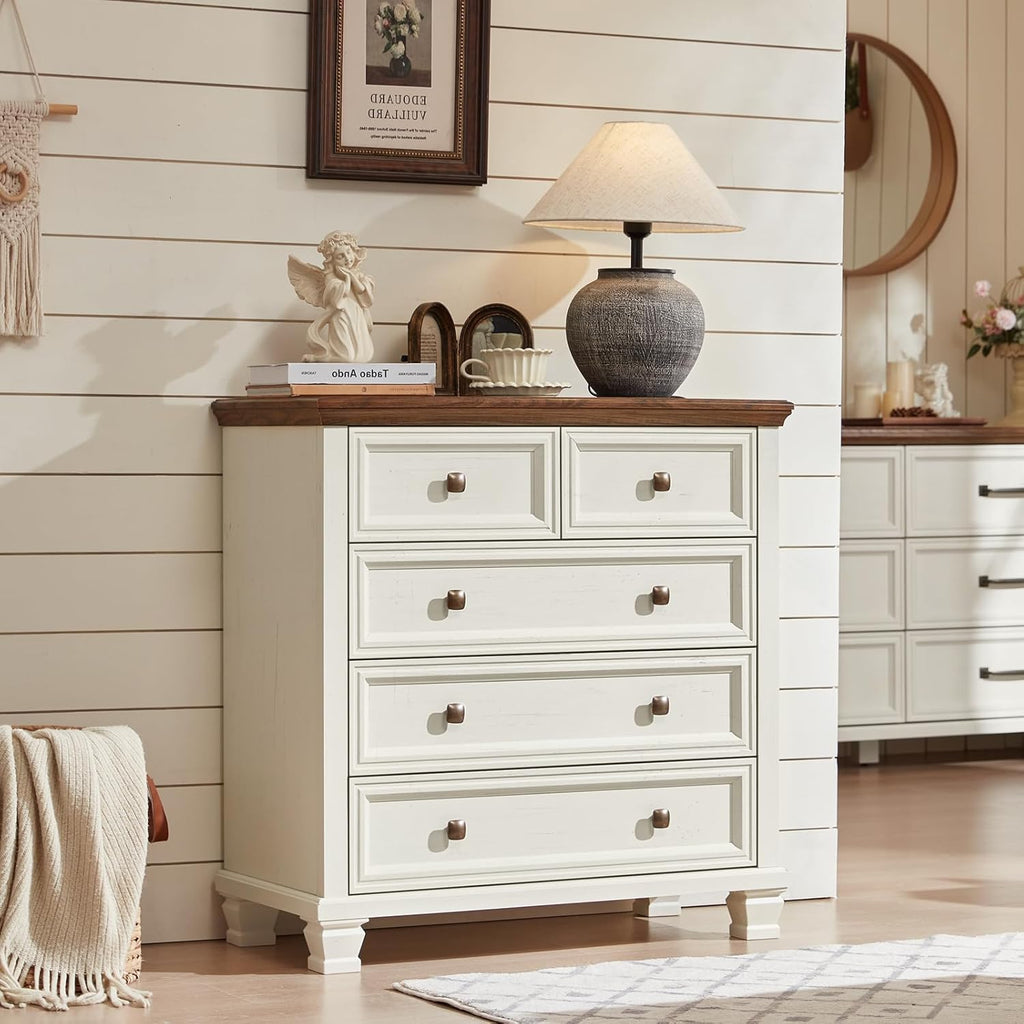 Farmhouse Bedroom Dresser and Nightstand Set of 4, 6 Drawer Tall & 5 Drawers Dresser & 2 Drawer Nightstand Set, Rustic Wood Furniture Set for Bedroom, Hallway, White