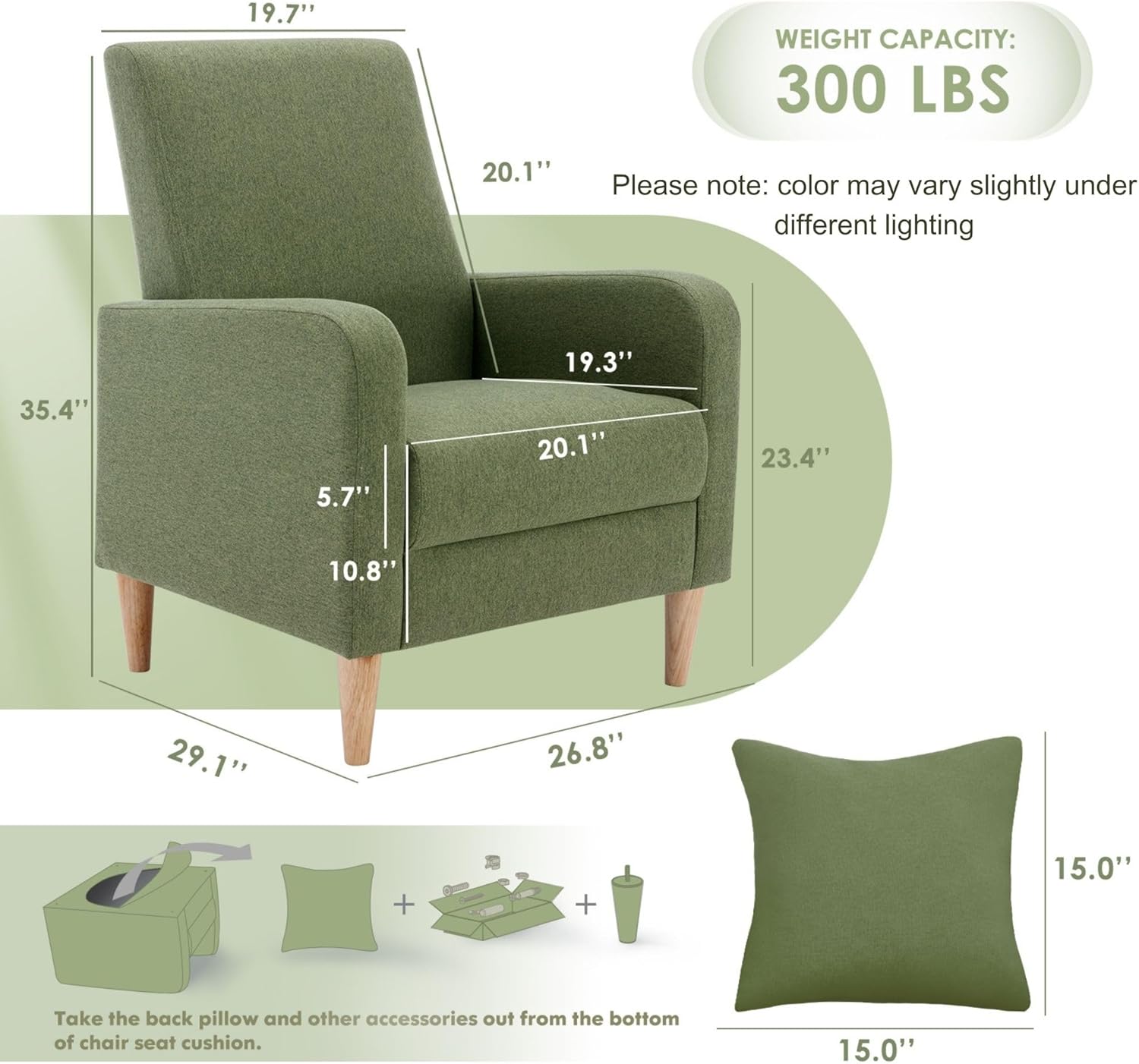 COLAMY Modern Upholstered Accent Chair Armchair with Pillow, Fabric Reading Living Room Side Chair,Single Sofa with Lounge Seat and Wood Legs, Green