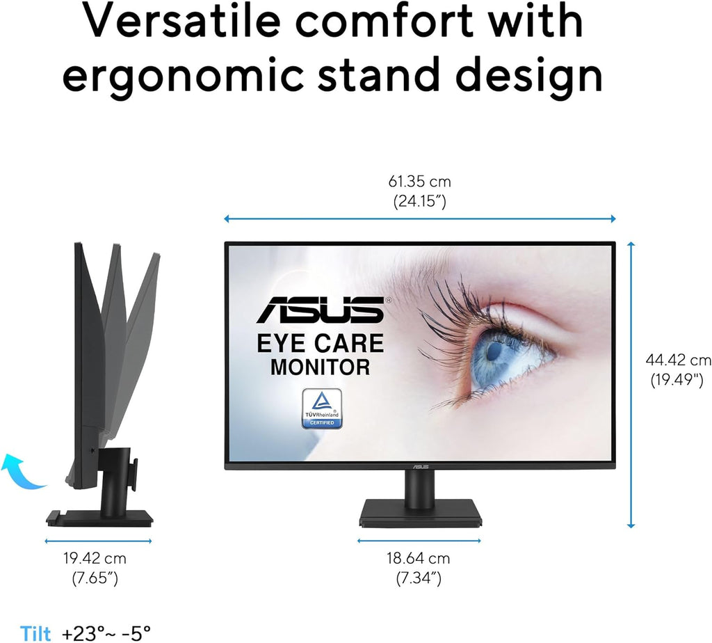 ASUS 27” 1440P Eye Care Monitor (VA27AQ) - IPS  QHD (2560 x 1440)  99% sRGB  Frameless  HDMI  DisplayPort  VGA  1ms  Speakers Low Blue Light  Flicker Free  VESA Wall Mountable  3 yr Warranty