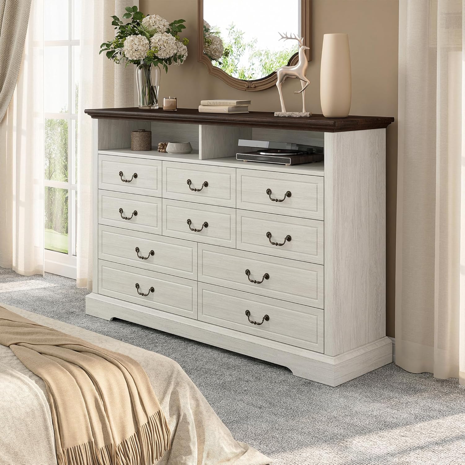 EnHomee 10 Drawers Dresser for Bedroom 55.2''Wide Wood Dresser White with LED & Power Outlet Large Space Saver & Chests of Drawers for Hallway, 55.2" W x 39.4" H x15.8 D