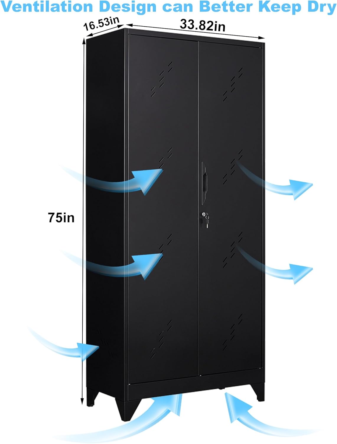 75" Metal Storage Cabinet with Lockable Doors, Functional Garage Storage Cabinets, Heavy-Duty Tool Organization Cabinet with Hanging Rod & S-Hooks (75" Utility Closet)