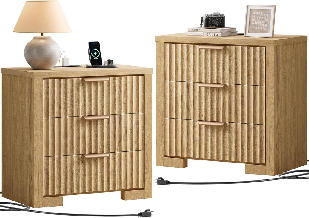 24" Fluted Night Stand Set of 2, Large Bedside Table with 3 Drawers, Modern Nightstand with Charger Station for Bedroom Home Office, Natural Oak