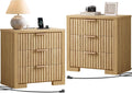 24" Fluted Night Stand Set of 2, Large Bedside Table with 3 Drawers, Modern Nightstand with Charger Station for Bedroom Home Office, Natural Oak