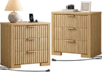 24" Fluted Night Stand Set of 2, Large Bedside Table with 3 Drawers, Modern Nightstand with Charger Station for Bedroom Home Office, Natural Oak