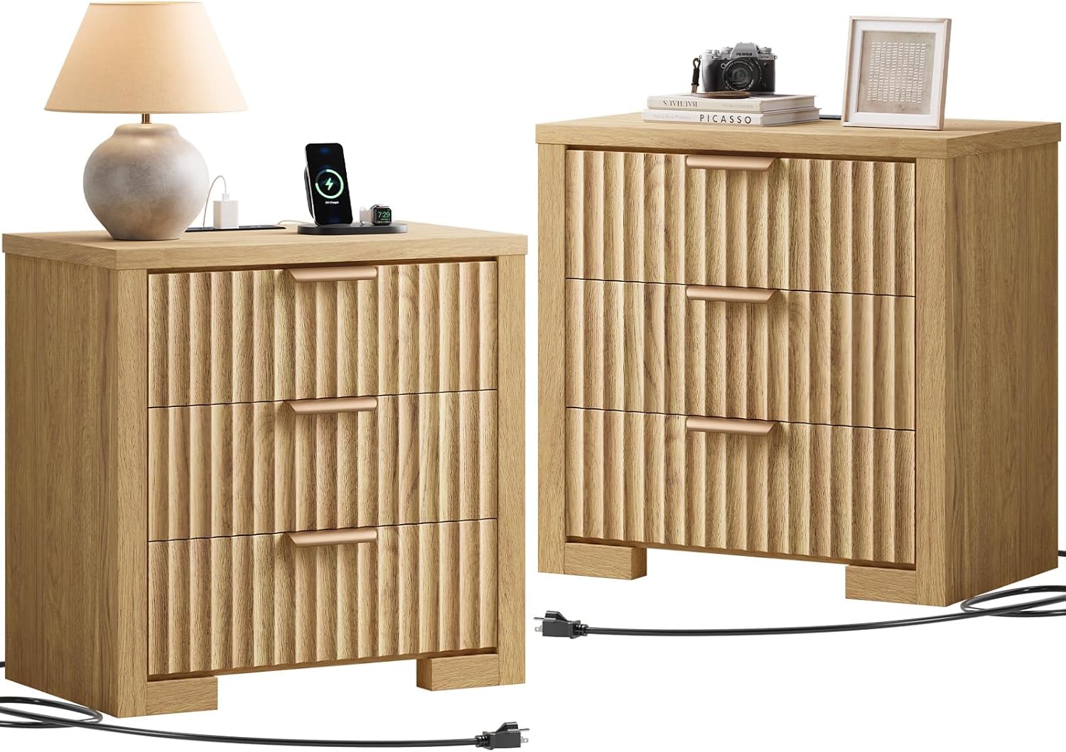 24" Fluted Night Stand Set of 2, Large Bedside Table with 3 Drawers, Modern Nightstand with Charger Station for Bedroom Home Office, Natural Oak