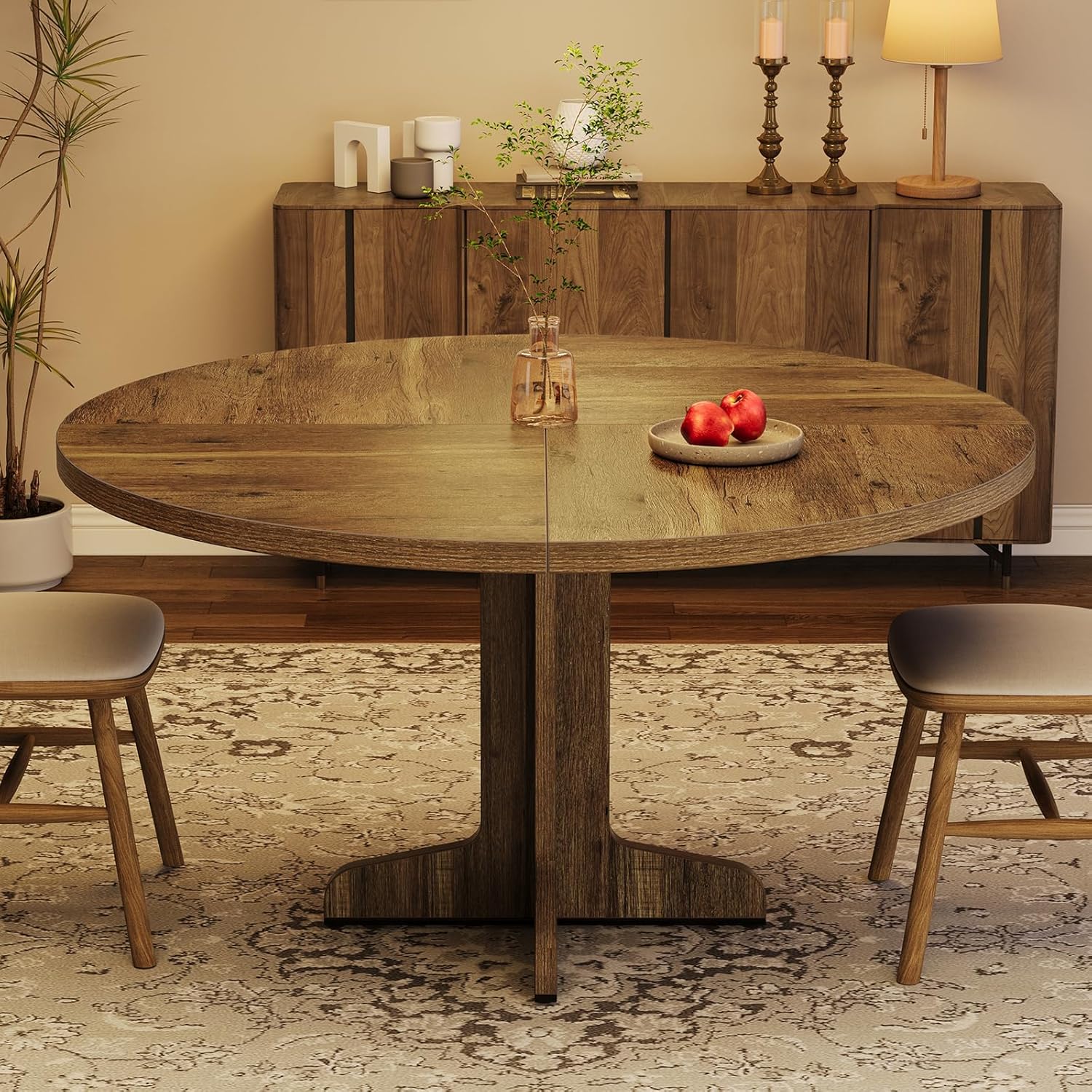 IDEALHOUSE Round Dining Table for 4, 47 Inches Circle Dining Room Table with Wooden Base for Kitchen, Living Room (Table Only), Brown