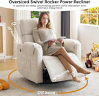 Oversized Power Recliner Chair, 26" Extra Wide Swivel Rocker Recliner with Adjustable Headrest, Chenille Glider Rocking Nursery Chair with Overstuffed Armrest, USB Ports, White