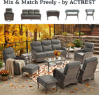 Luxury Outdoor Swivel Rocker Patio Chairs of 4 with Fire Pit Table - 5 Piece Furniture Set with 6-Inch Smile Cushions High Back Brown Wicker Rattan Gliders for Porch Balcony Deck - Grey