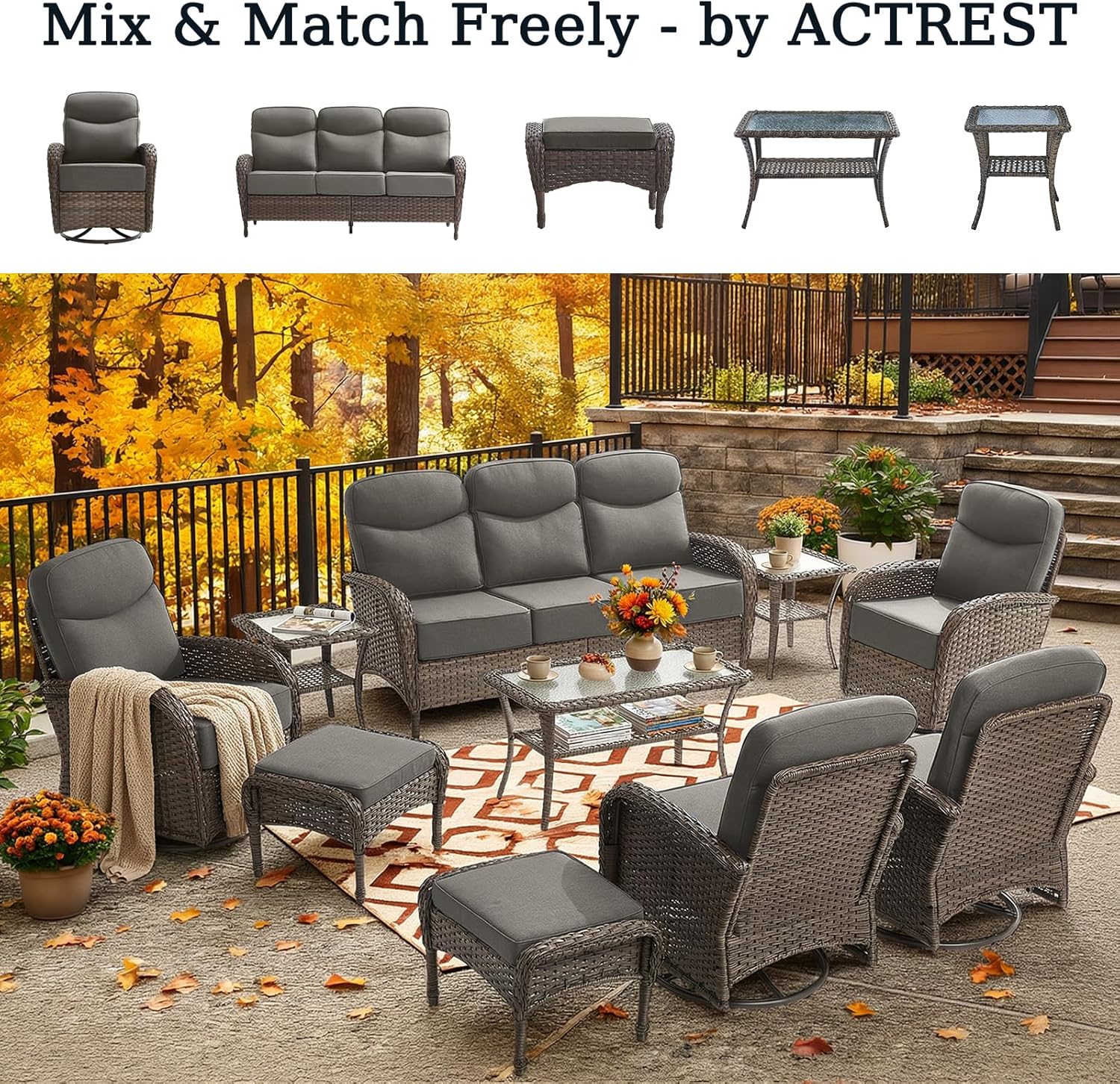 Luxury Outdoor Swivel Rocker Patio Chairs of 4 with Fire Pit Table - 5 Piece Furniture Set with 6-Inch Smile Cushions High Back Brown Wicker Rattan Gliders for Porch Balcony Deck - Grey