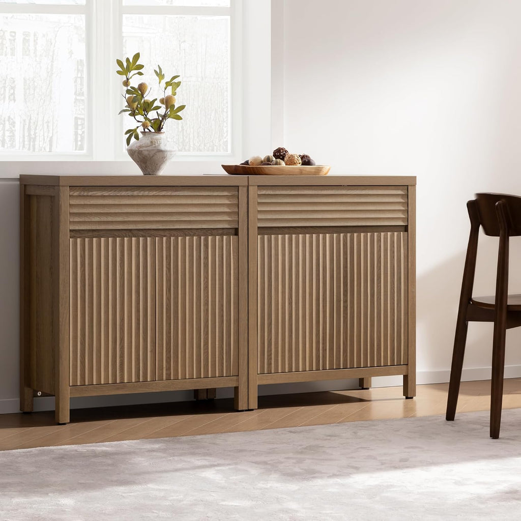 SICOTAS Fluted Buffet Cabinet with Storage - 87" Large Sideboard Modern Storage Cabinet Accent Coffee Bar Console Table with Drawers & Adjustable Shelves for Kitchen Living Room Entryway, Caramel Oak