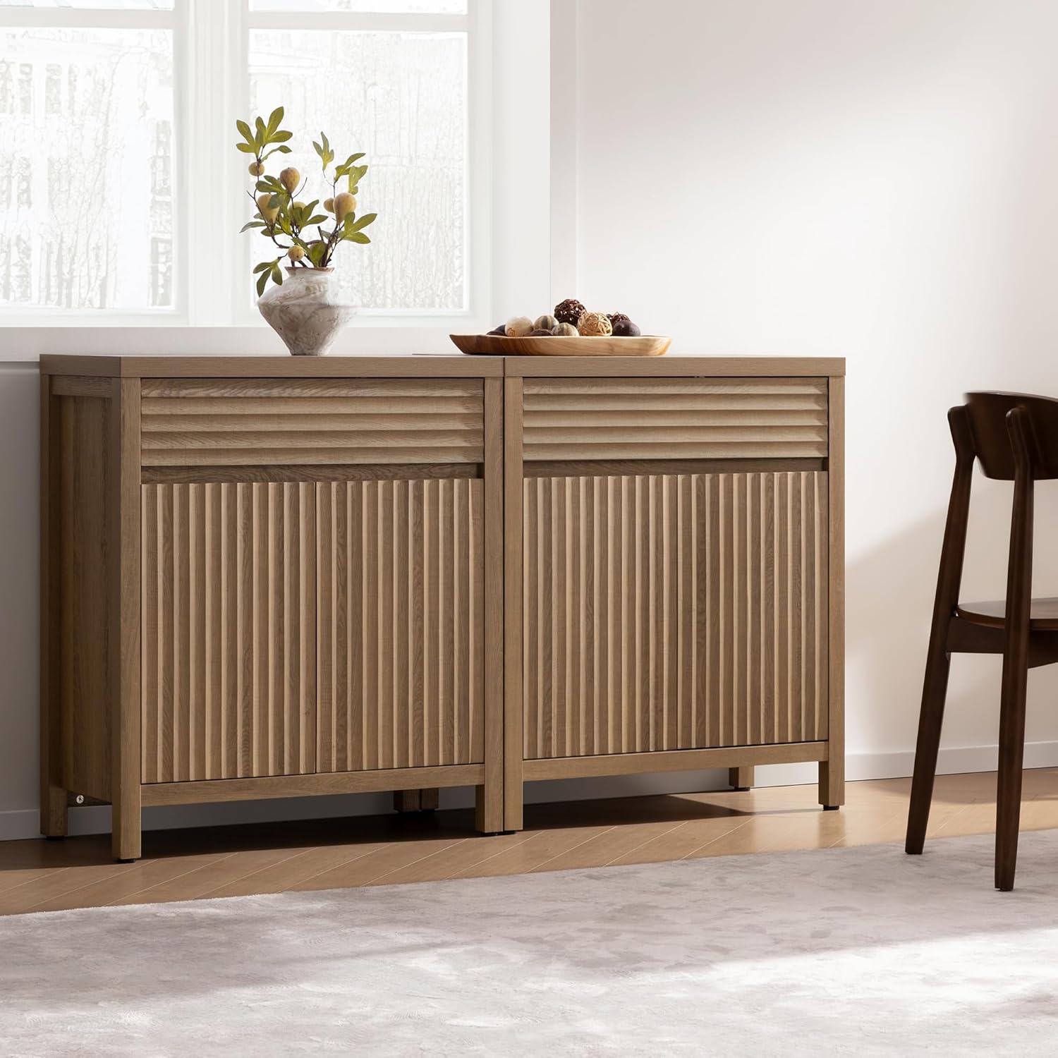 SICOTAS Fluted Buffet Cabinet with Storage - 87" Large Sideboard Modern Storage Cabinet Accent Coffee Bar Console Table with Drawers & Adjustable Shelves for Kitchen Living Room Entryway, Caramel Oak