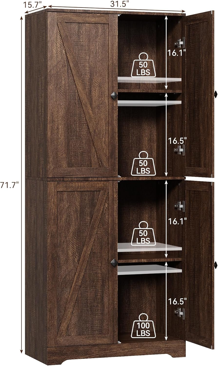 LYNSOM Farmhouse Storage Cabinet Set of 2, 72" Tall Kitchen Pantry Cabinet with 4 Barn Doors and Adjustable Shelves, Freestanding Storage Cabinets for Kitchen, Brown