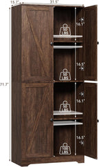 LYNSOM Farmhouse Storage Cabinet Set of 2, 72" Tall Kitchen Pantry Cabinet with 4 Barn Doors and Adjustable Shelves, Freestanding Storage Cabinets for Kitchen, Brown