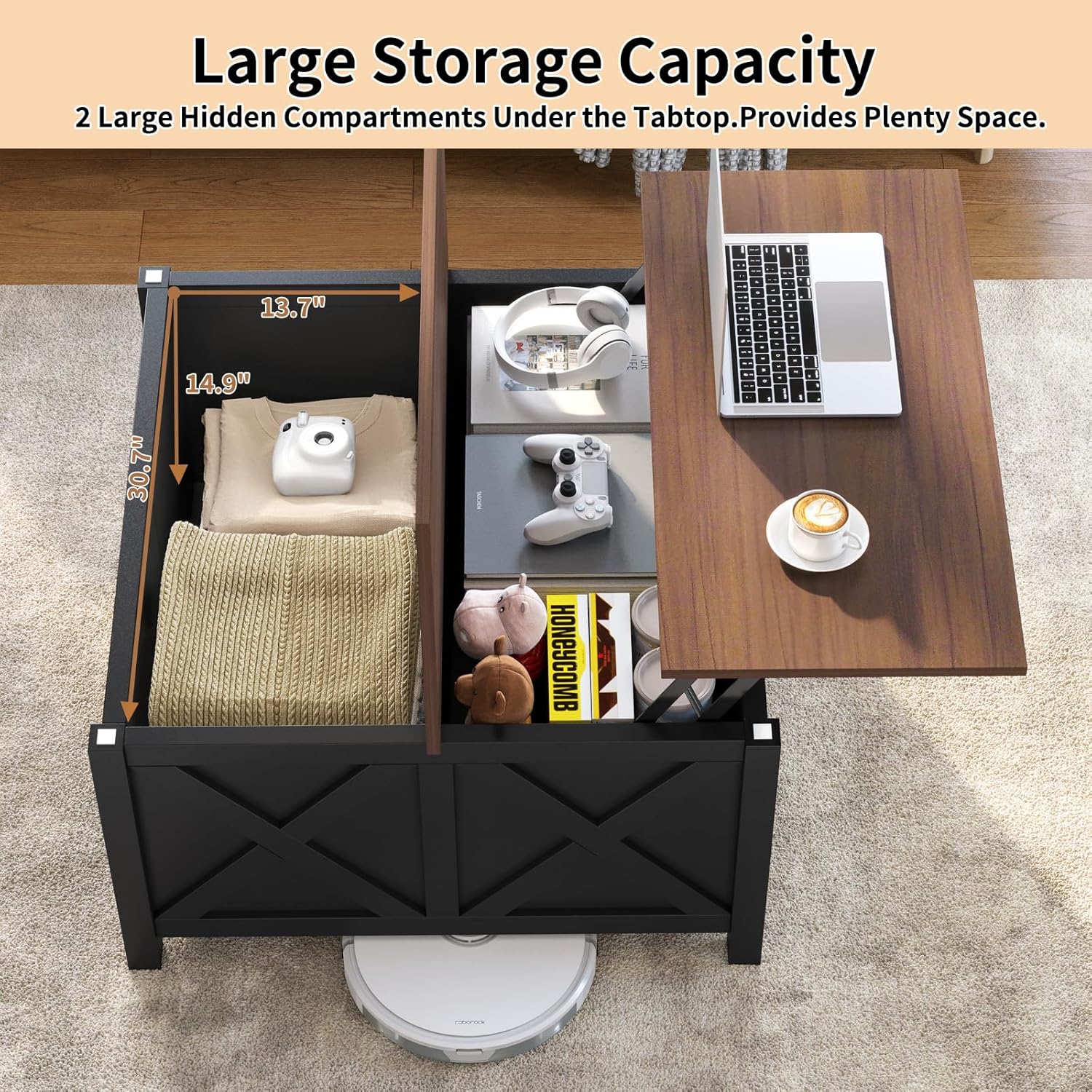 Lift Top Coffee Table with Storage, 31.5" Farmhouse Coffee Tables with Wooden Lift Tabletop and Hidden Compartment Square Center Table for Living Room, Small Space Home Office, Black
