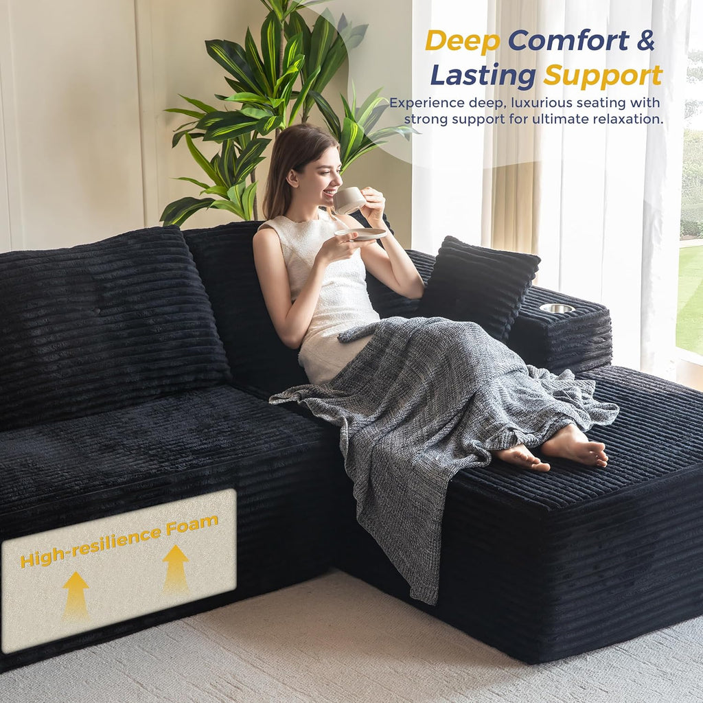 MAXYOYO 104" Modular Sectional Couch with L-Shape Chaise, Modern Boneless Couch for Living Room, Sofa in A Box, Oversized Sofa Sleeper with Deep Seat, No Assembly Required, Black