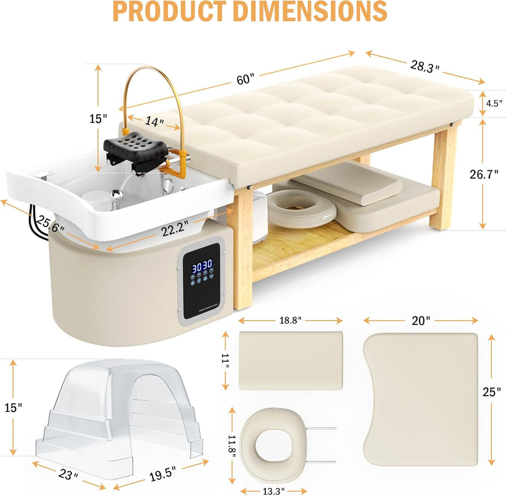 pouseayar Stationary Head Spa Massage Table with Water Cycle & Fumigation Salon Equipment for Beauty Head Spa Physical Therapy Massage, Wood Frame, Beige Gray PU Leather