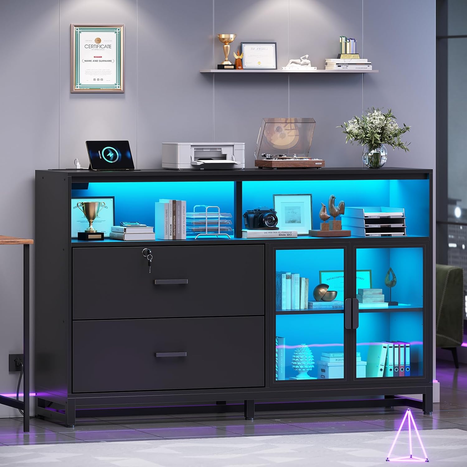 SEDETA 59" File Cabinet, 2 Drawers Filing Cabinets for Home Office fit Legal/Letter/A4 File, File Cabinet with Lock & Power Outlets, Printer Stand with Storage & LED Lights, Black