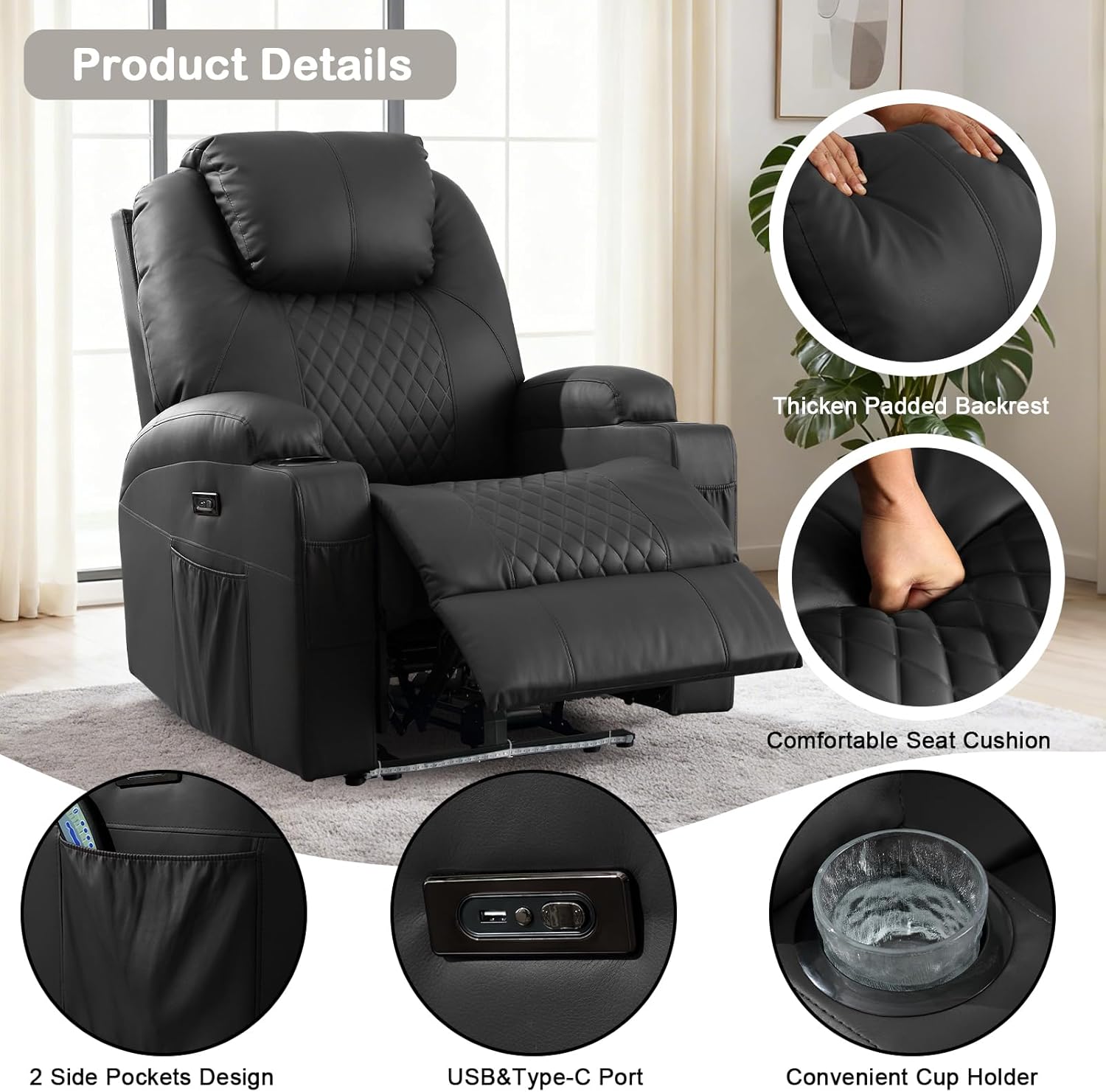 Power Recliner Chair with Heat and Massage for Adults - Home Theater Seating with LED Lights,Cup Holders,Side Pocket,USB Port - Recliner Sofa for Living Room (Black, Single Recliner)