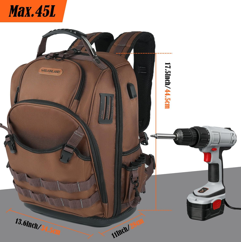 WELKINLAND-70Pockets HVAC Backpack, Heavy-Duty Electrician Tool Backpack, Hard Bottom Tool Bag Backpacks For Men, Waterproof Tool Backpacks Man Construction