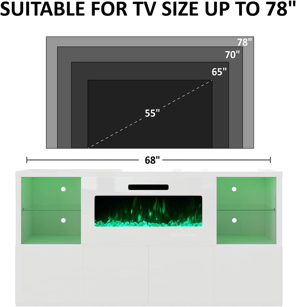 AMERLIFE 68" Fireplace TV Stand with 40" Fireplace, Modern High Gloss Fireplace Entertainment Center with LED Lights for TVs up to 78", TV Console with Glass Shelves for Living Room, White