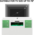 AMERLIFE 68" Fireplace TV Stand with 40" Fireplace, Modern High Gloss Fireplace Entertainment Center with LED Lights for TVs up to 78", TV Console with Glass Shelves for Living Room, White