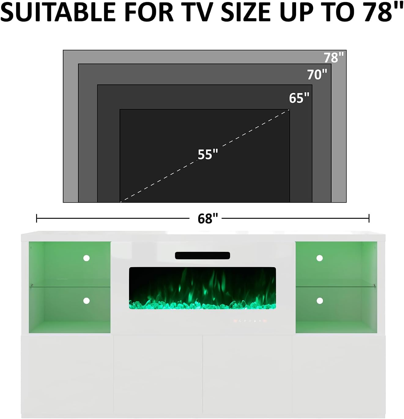 AMERLIFE 68" Fireplace TV Stand with 40" Fireplace, Modern High Gloss Fireplace Entertainment Center with LED Lights for TVs up to 78", TV Console with Glass Shelves for Living Room, White