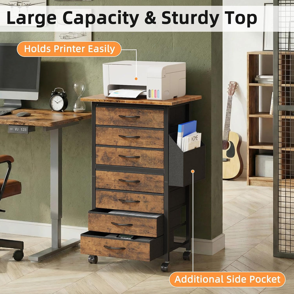 HIGDBFE 7 Fabric Drawers File Cabinet with Side Pocket, Rolling Printer Stand with Storage for Home Office, Wood Top Storage Cabinet for Documents and Crafts, Rustic Brown, 15" D