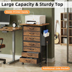 HIGDBFE 7 Fabric Drawers File Cabinet with Side Pocket, Rolling Printer Stand with Storage for Home Office, Wood Top Storage Cabinet for Documents and Crafts, Rustic Brown, 15" D