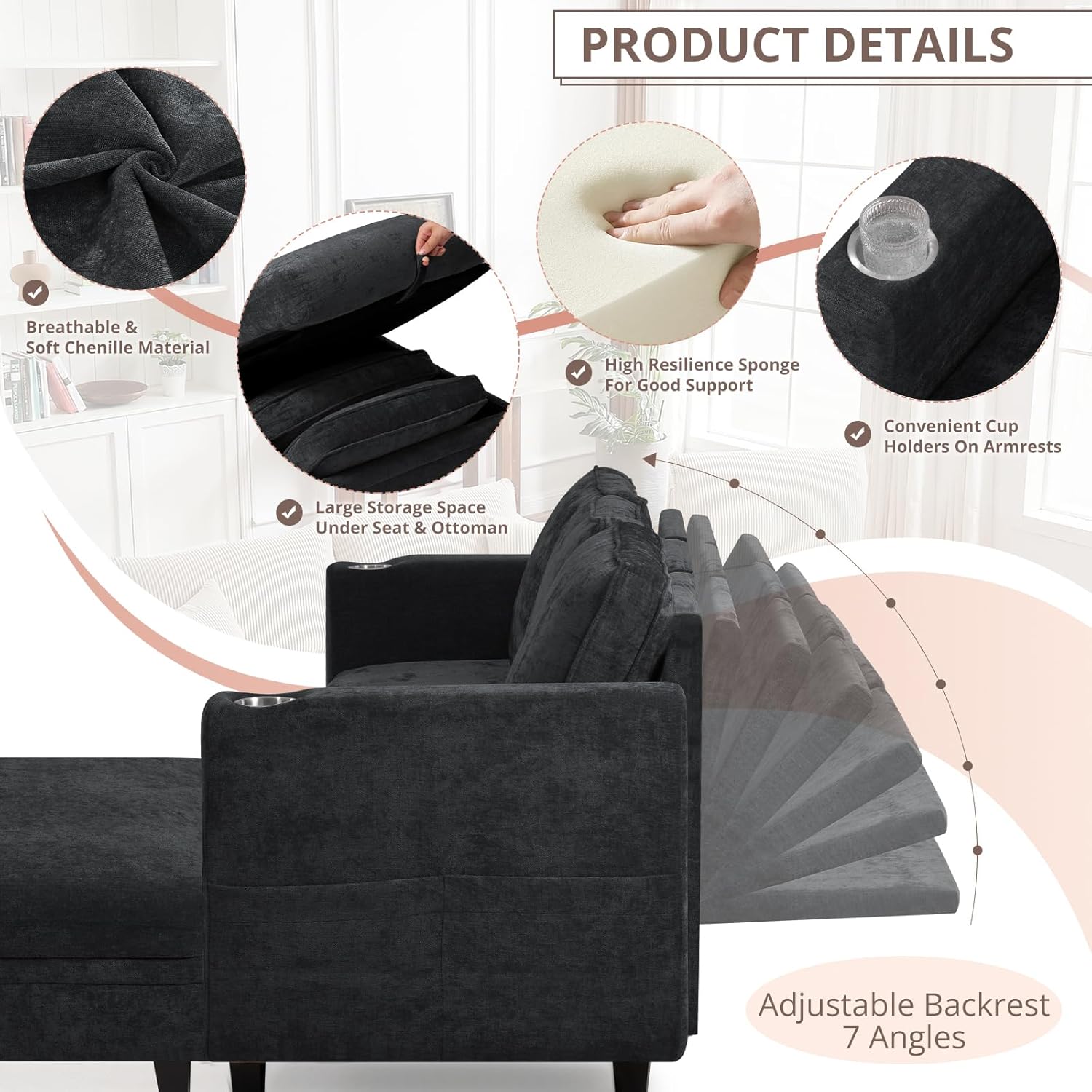 86 Inches Chenille 3-Seat Sofa w/Adjustable Backrests, Sectional Sofa w/Cup Holders & Movable Storage Ottoman, Upholstery Fabric Couch w/USB & Type-C Charging Ports for Living Room, Black
