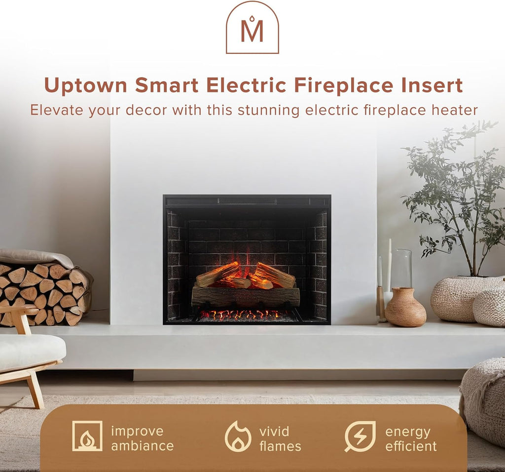Modern Ember Uptown 33" Smart Electric Fireplace Insert with Remote Control, Compatible with Alexa - 1,000 Sq Ft Electric Heater with Realistic Flames and Log Set