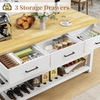 60" Solid Rubberwood Kitchen Island with Power Outlets - Extra Large Work Surface, 3 Drawers & 2 Open Shelves Storage Cabinet for Kitchen Dining Room, Farmhouse Style (White)