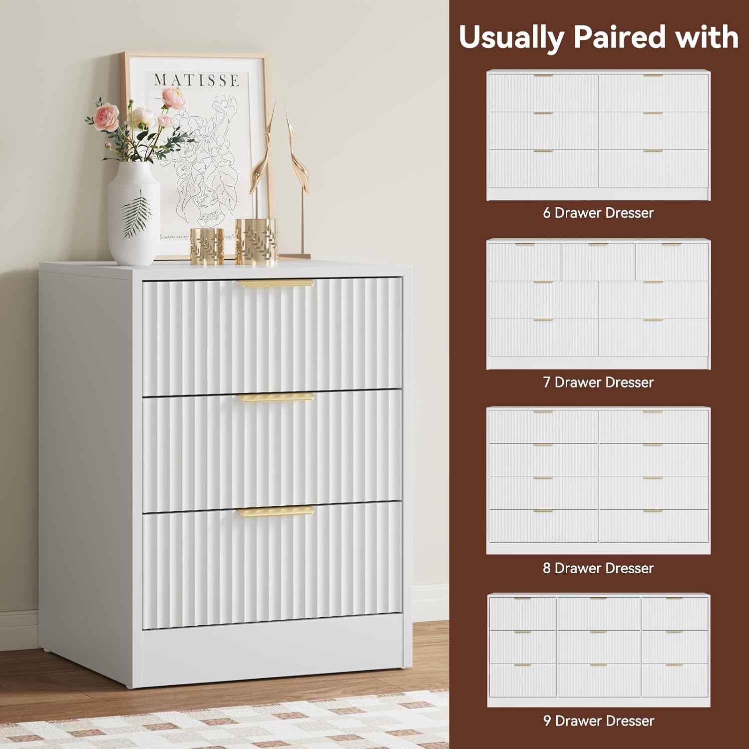 9 Drawer Fluted Dresser & Nightstand Set 3-Piece, 63” Long Dresser and Night Stand Set of 2, Fluted Modern Wood Chest of Drawers Storage Dressers Set for Bedroom, White