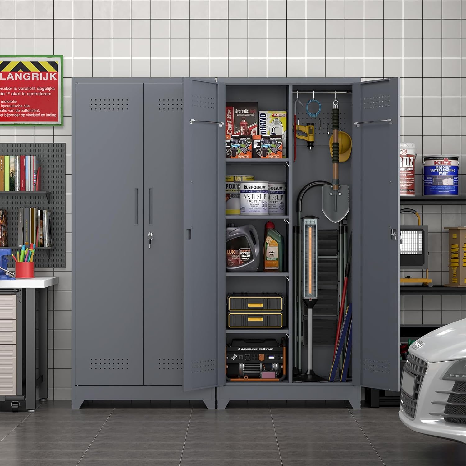 73" H Garage Storage Cabinet,Broom Closet Storage Cabinet with Adjust Shelves,Utility Cabinet,Utility Closet for Garage,Office,Gray