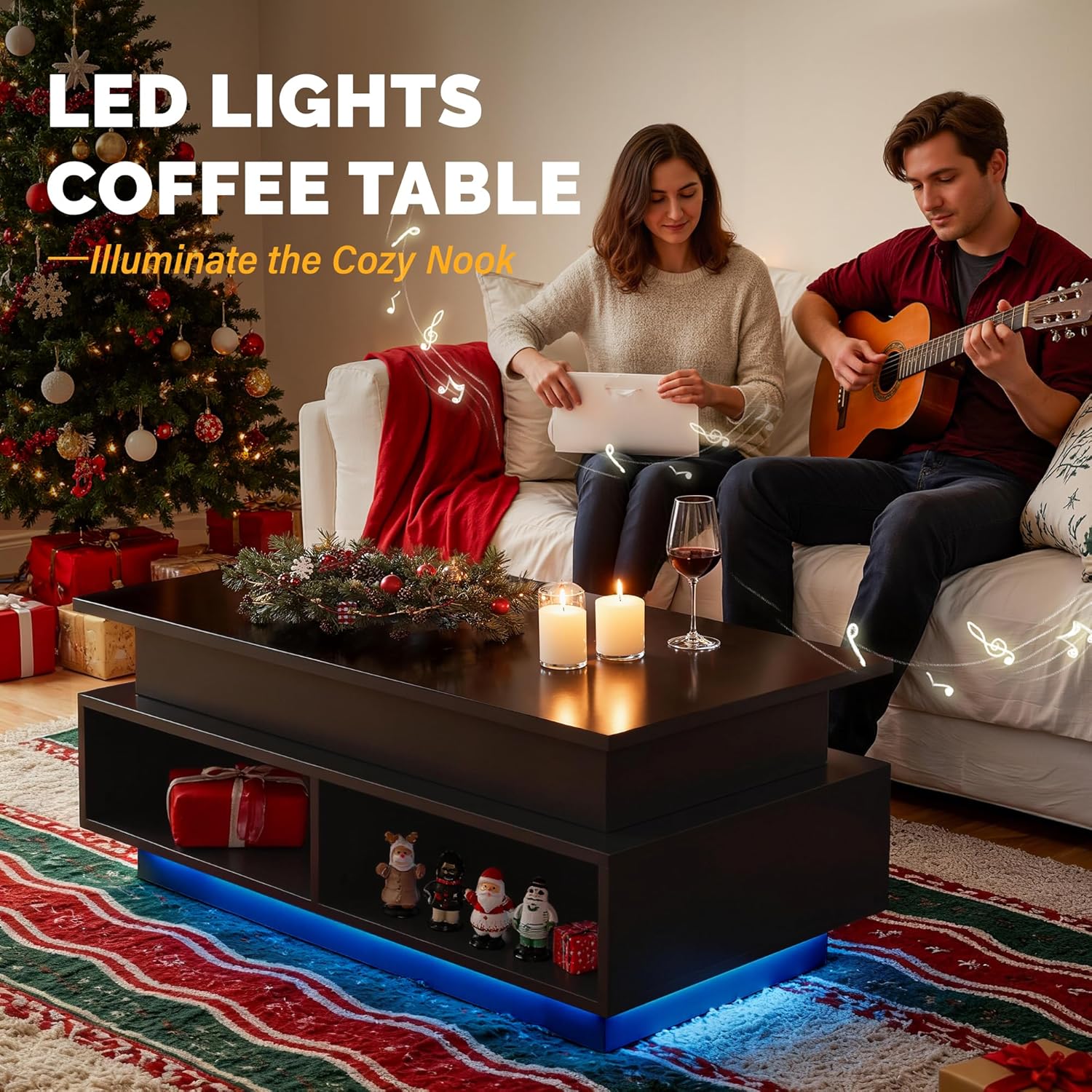 YESHOMY 40" Lift Top Coffee Table with Hidden Storage & Multi-Color LED Lights, Modern Square Wood Table with 4 Open Shelves for Living Room and Small Space, Black