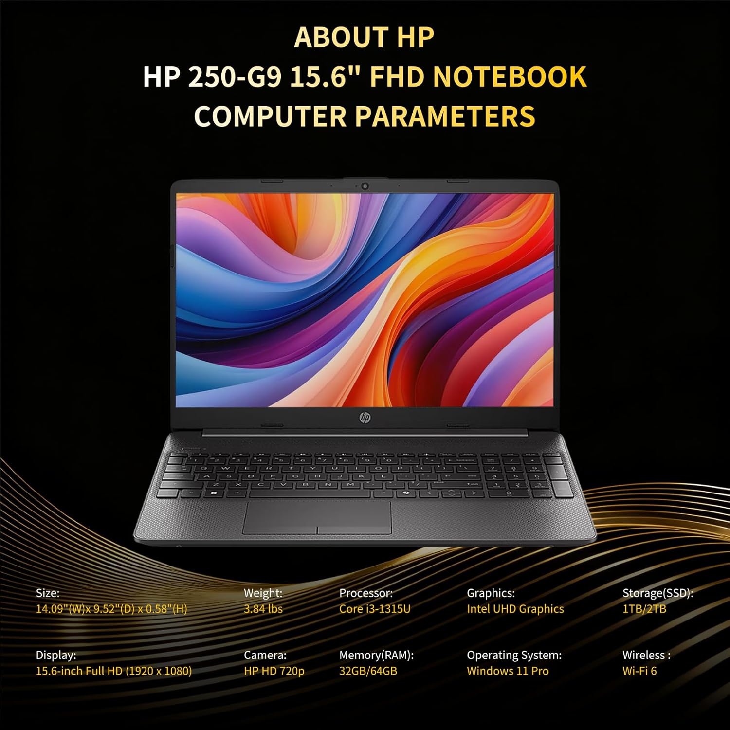 HP 250G-Series Premium Business Laptop - 32GB RAM  1TB SSD  15.6" Full HD Display • 13th Gen Intel i3-1315U CPU (Up to 4.5Ghz)  Numeric Keypad  Wi-Fi 6  Win 11 Pro  Camera  with Accessories