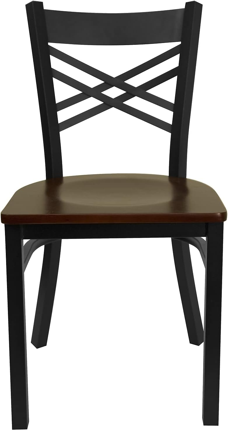 Flash Furniture 2 Pack HERCULES Series Black ''X'' Back Metal Restaurant Chair - Mahogany Wood Seat