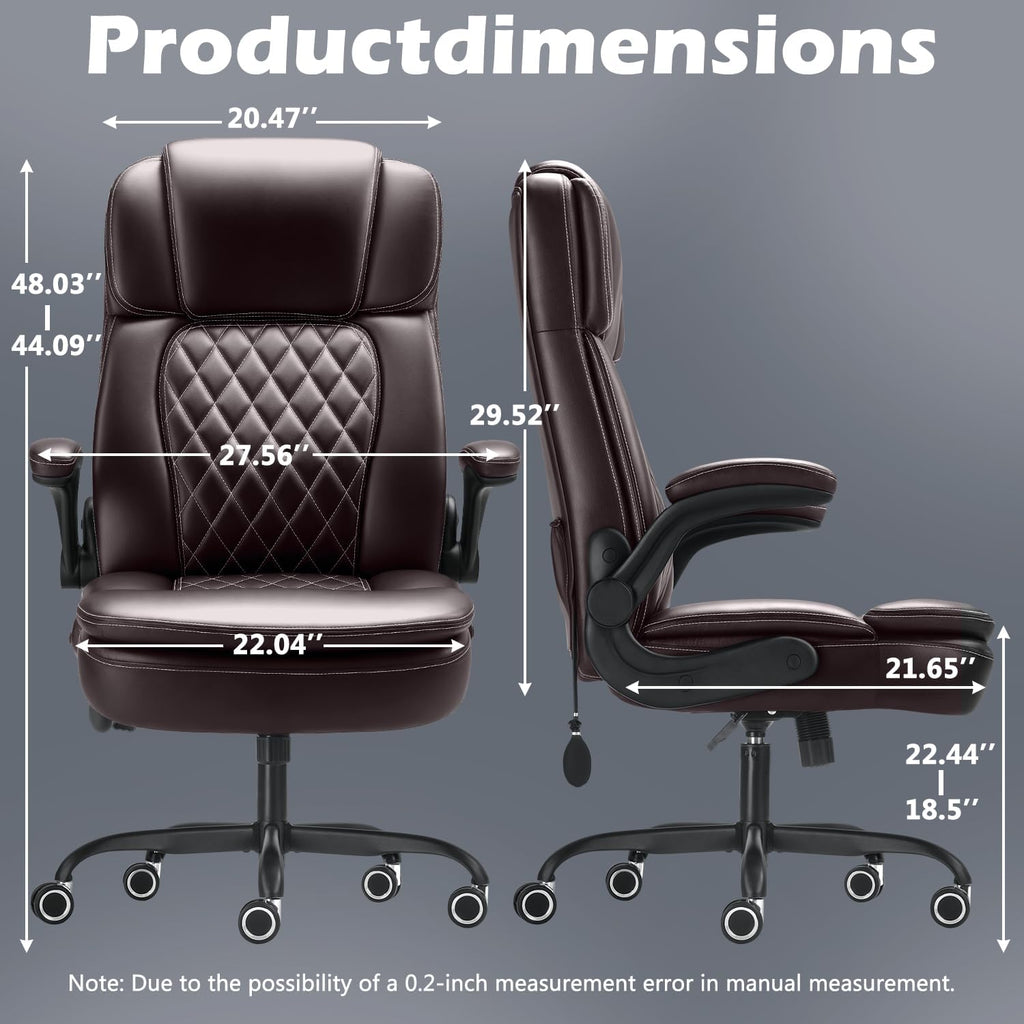 450LBS Big and Tall Executive Office Chair with Flip up Arm,Heavy Duty PU Leather Computer Desk Chair,Comfortable High Back Swivel Home Office Chair with Rolling for Adults,Spring Cushion,Metal Base