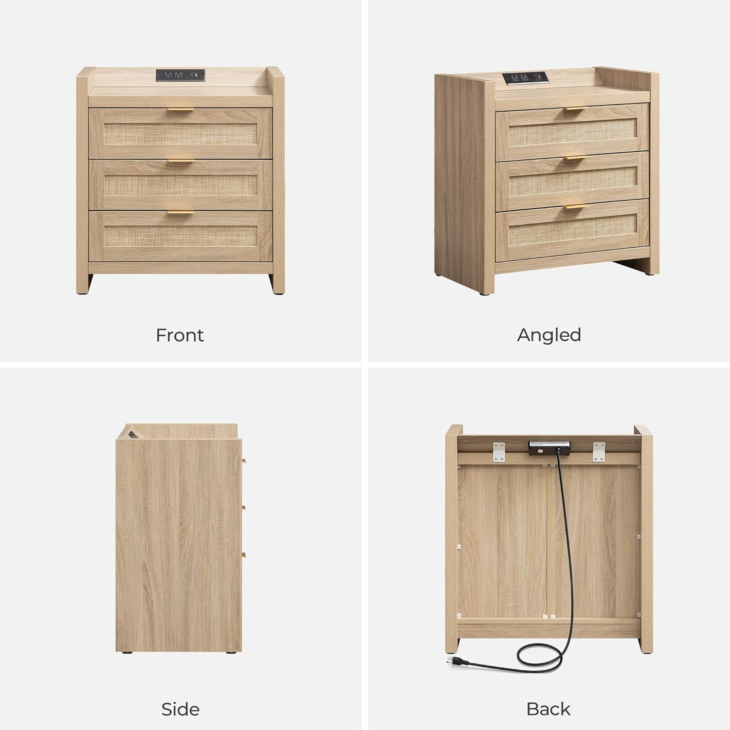SICOTAS Rattan Nightstands Set of 2 Bedside Table - Larger Night Stand with Type-C Charging Station, 3 Drawers Storage, Boho Night Stands End Table for Bedroom Office - Light Oak
