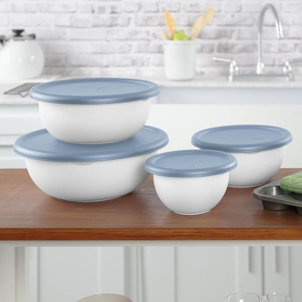 Sterilite Covered Bowl Set, Plastic Nesting Kitchen Mixing Bowls with Pour Spout, Meal Prep Food Storage Containers with Lids, Washed Blue (Set of 12)