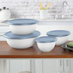 Sterilite Covered Bowl Set, Plastic Nesting Kitchen Mixing Bowls with Pour Spout, Meal Prep Food Storage Containers with Lids, Washed Blue (Set of 12)