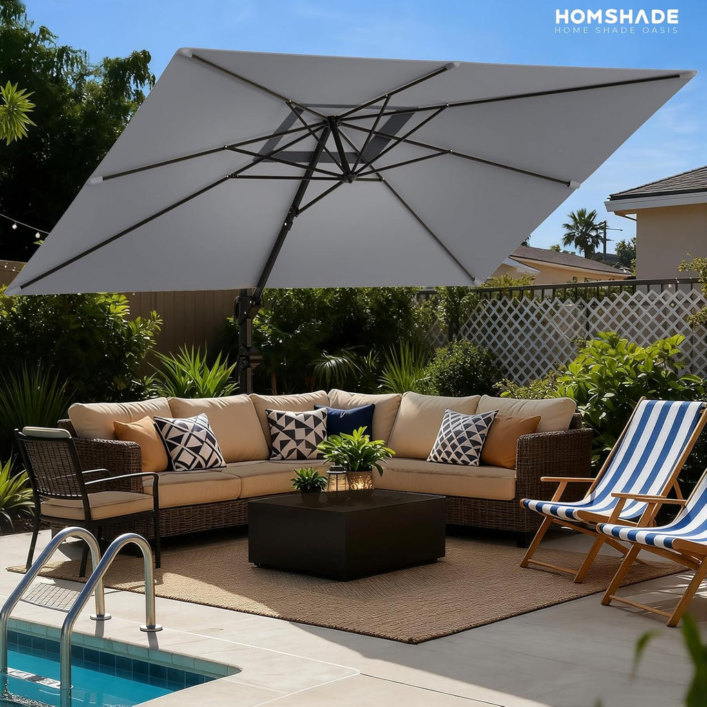 HOMSHADE 9x12FT Cantilever Patio Umbrella Outdoor with Base- Large Offset Heavy-Duty Aluminum Umbrella with 360° Rotation  6 Tilts  Windproof  3-Year Fade Resistance for Pool Deck  Rectangular  Grey