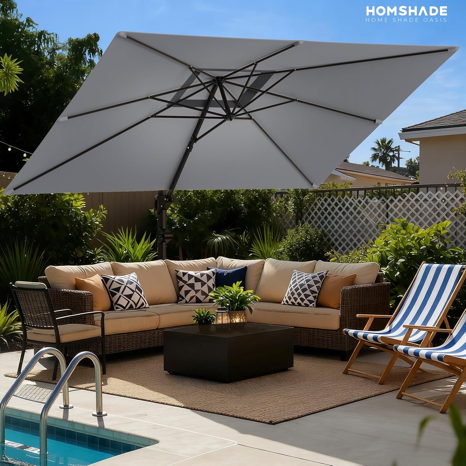 HOMSHADE 9x12FT Cantilever Patio Umbrella Outdoor with Base- Large Offset Heavy-Duty Aluminum Umbrella with 360° Rotation  6 Tilts  Windproof  3-Year Fade Resistance for Pool Deck  Rectangular  Grey