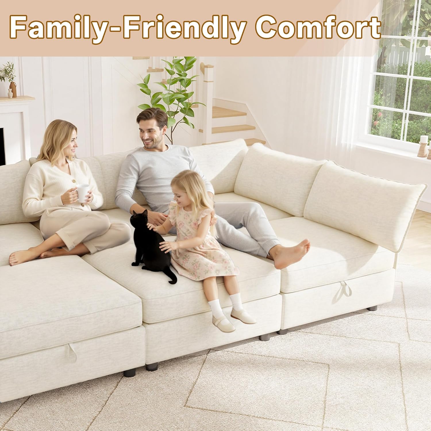 125" Chenille Modular Sectional Sofa Bed Hidden Storage, Convertible L U Shaped Sleeper Couch, 8 Seat Modern Modular Sectional Sofa with Removable Covers & Ottoman Chaise, for Living Room, Beige