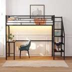 VINGLI Twin Loft Bed with Desk,15'' Extra High Safety Guardrail with 2 Charging Station,Heavy Duty Metal Loft Bed Frame with Staircase,LED Light, Kids/Teens/Adults,Black