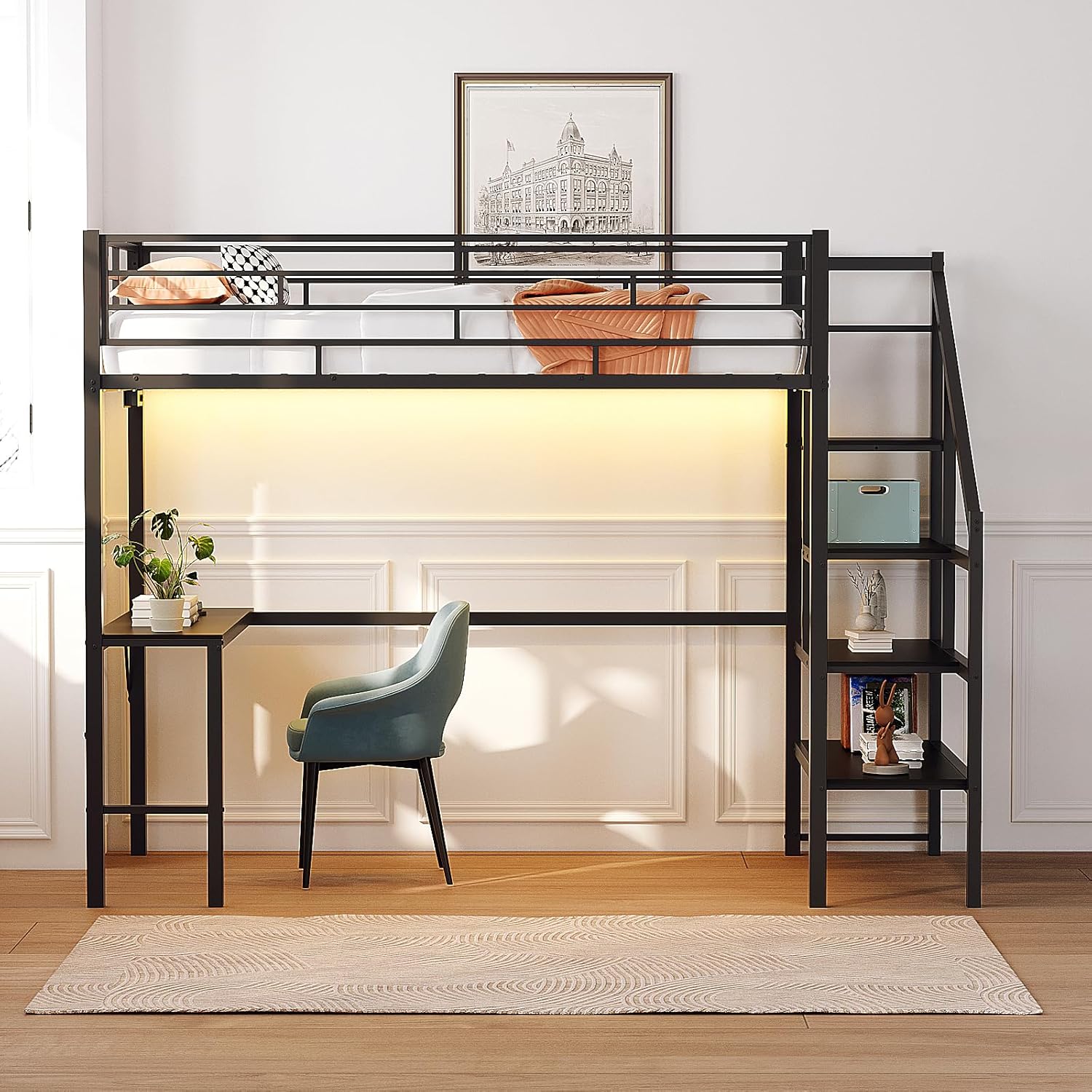 VINGLI Twin Loft Bed with Desk,15'' Extra High Safety Guardrail with 2 Charging Station,Heavy Duty Metal Loft Bed Frame with Staircase,LED Light, Kids/Teens/Adults,Black